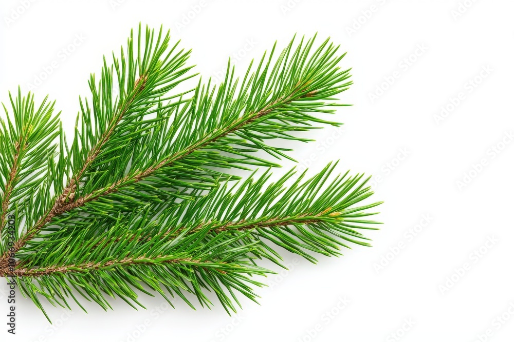 Green pine branch on a white isolated background. Green pine branch on a white isolated background.