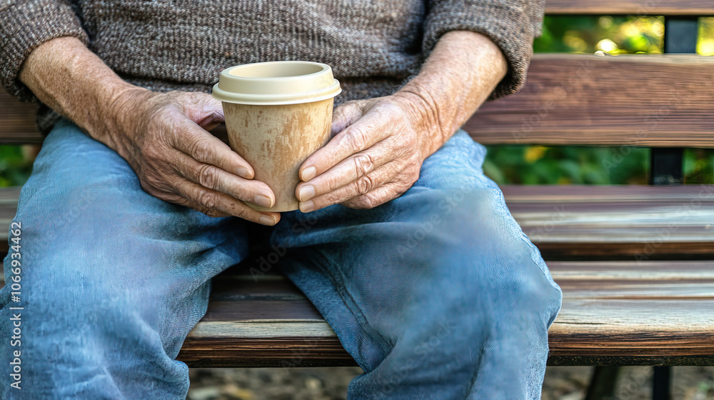 Middle-Aged Man with a Slight Tremor Holding a Cup of Coffee on a Park Bench, Symbolizing the Struggle with Parkinson's Disease in a Calm Natural Setting Middle-Aged Man with a Slight Tremor Holding a Cup of Coffee on a Park Bench, Symbolizing the Struggle with Parkinson's Disease in a Calm Natural Setting