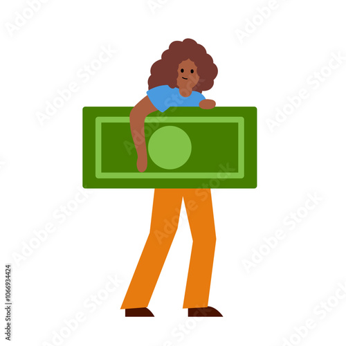 Happy black woman with a bill. Vector simple color flat illustration.