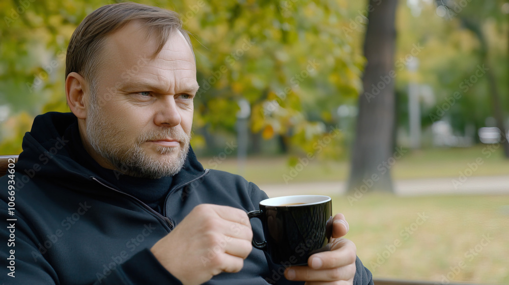 Middle-Aged Man with a Slight Tremor Holding a Cup of Coffee on a Park Bench, Symbolizing the Struggle with Parkinson's Disease in a Calm Natural Setting Middle-Aged Man with a Slight Tremor Holding a Cup of Coffee on a Park Bench, Symbolizing the Struggle with Parkinson's Disease in a Calm Natural Setting