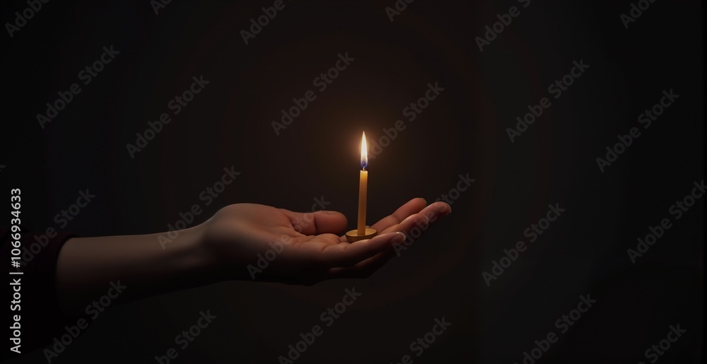 Person holding a lit candle in hand, serene atmosphere, intimate light Person holding a lit candle in hand, serene atmosphere, intimate light