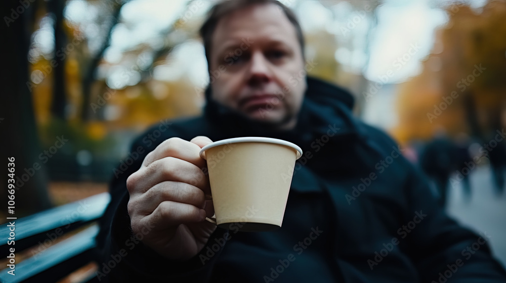 Middle-Aged Man with a Slight Tremor Holding a Cup of Coffee on a Park Bench, Symbolizing the Struggle with Parkinson's Disease in a Calm Natural Setting Middle-Aged Man with a Slight Tremor Holding a Cup of Coffee on a Park Bench, Symbolizing the Struggle with Parkinson's Disease in a Calm Natural Setting