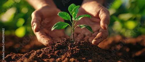 Hands nurturing a green plant sprouting from the soil, symbolizing growth and environmental care. photo