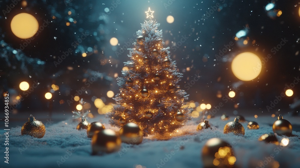 Naklejka premium A 3D rendered Christmas tree surrounded by glowing Christmas balls, sparkling lights, and festive decorations on a snowy winter night