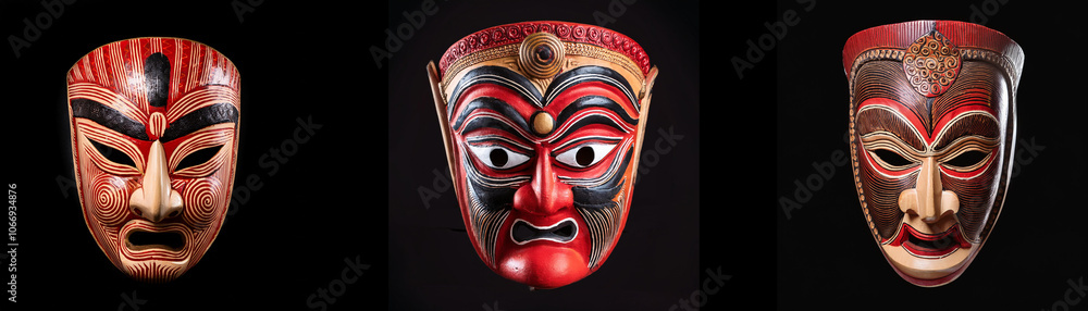 Three intricately carved wooden masks with colorful paint and details against a black background. Three intricately carved wooden masks with colorful paint and details against a black background.