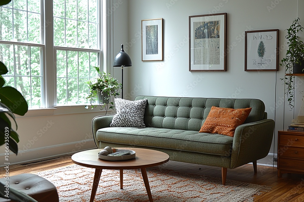 Fototapeta premium Mid century Modern Interiors in a residential living room with mint-colored sofas and interior accessories. Generative AI 