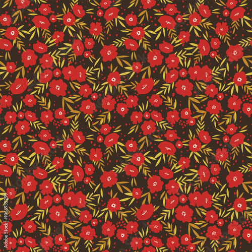 Seamless floral pattern based on traditional folklor art ornaments. Colorful flowers on color background. Scandinavian style. Sweden nordic style. Vector illustration. Simple minimalistic pattern