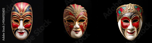 Three ornate Venetian masks are isolated on a black background.