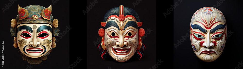 Naklejka premium Three intricately painted masks are isolated against a black background.