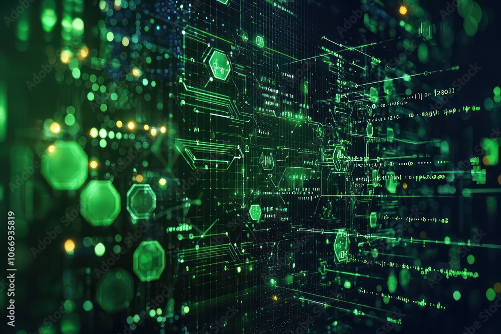 Abstract Futuristic Green Digital Interface with Geometric Shapes and Lines Abstract Futuristic Green Digital Interface with Geometric Shapes and Lines