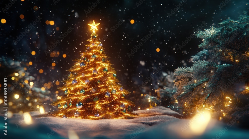 A festive 3D Christmas setting with a golden tree adorned with sparkling Christmas balls, shiny ribbons, and a star on top, surrounded by glowing lights and snow A festive 3D Christmas setting with a golden tree adorned with sparkling Christmas balls, shiny ribbons, and a star on top, surrounded by glowing lights and snow