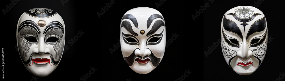 Naklejka premium Three ornate masks with black, white, and gray paint are isolated on a black background.