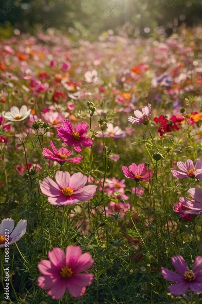 Naklejka premium Scenic Field of Wildflowers in Bloom with Vibrant Spring Colors