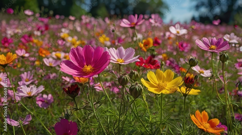 Colorful Wildflower Field with Clear Sky and Varied Blooming Flowers Colorful Wildflower Field with Clear Sky and Varied Blooming Flowers