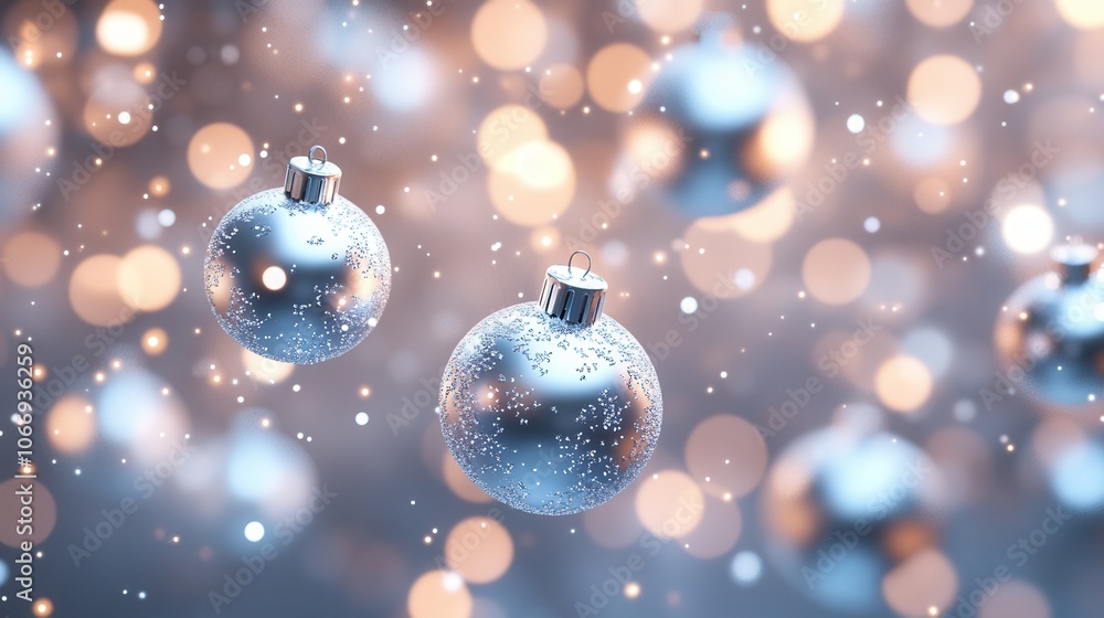 A sparkling 3D holiday scene with silver and blue Christmas balls floating in mid-air against a backdrop of soft bokeh lights and snowflakes A sparkling 3D holiday scene with silver and blue Christmas balls floating in mid-air against a backdrop of soft bokeh lights and snowflakes