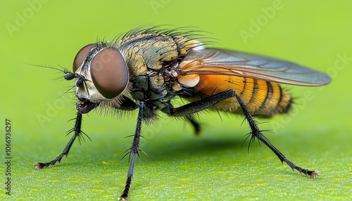 Detailed macro view of a fly perched on a vibrant green leaf in natural light