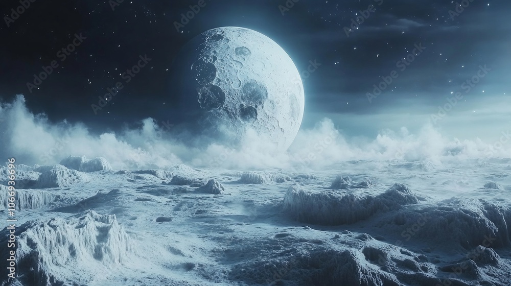 Fototapeta premium A large, cratered moon hangs low in the sky over a desolate, icy landscape.