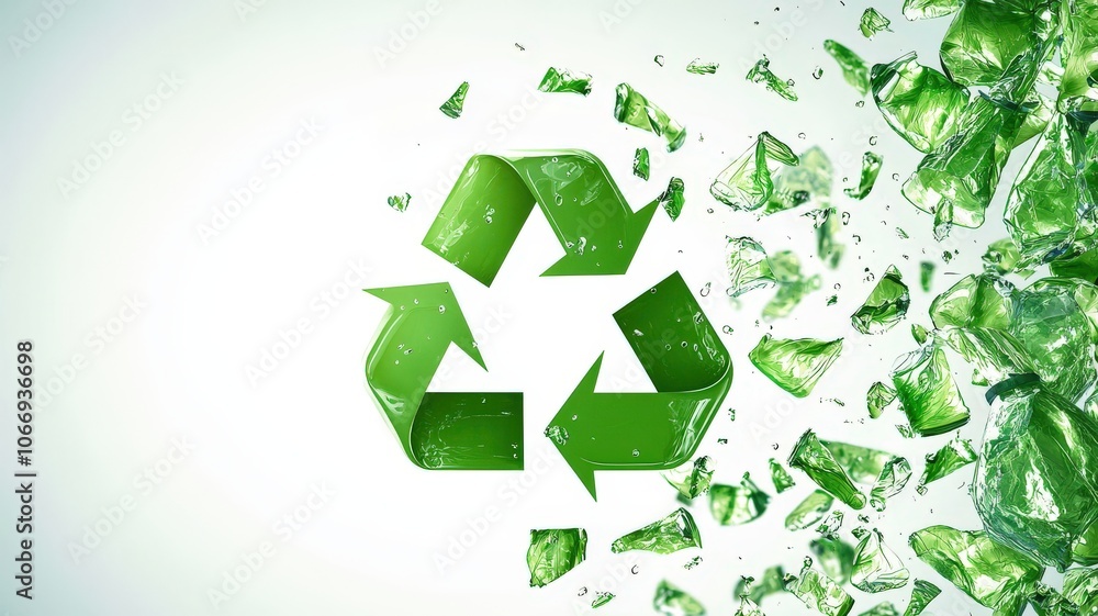 Obraz premium Recycling symbol with shattered green glass pieces, isolated on a light background.