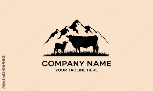 Farm logo with cow and calf silhouette against mountains