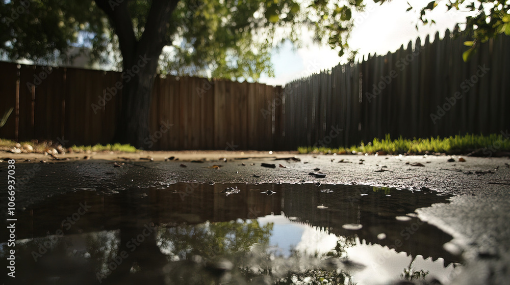 Backyard with Shallow Standing Water Reflecting the Sky and Trees, Framed by a Wooden Fence, Emphasizing Natural Beauty with Shallow Depth of Field Backyard with Shallow Standing Water Reflecting the Sky and Trees, Framed by a Wooden Fence, Emphasizing Natural Beauty with Shallow Depth of Field