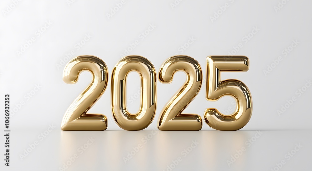Gold Metallic Number 2025 on White Background