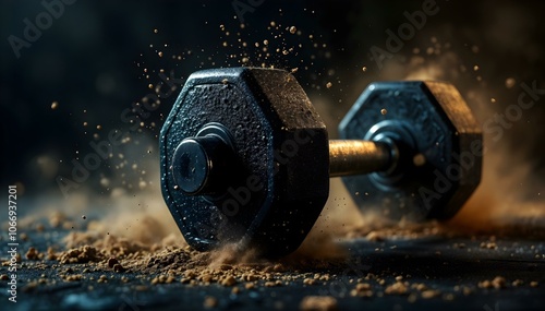 Close Up of Dumbbell with Textured Grip and Dust Particles in Motion