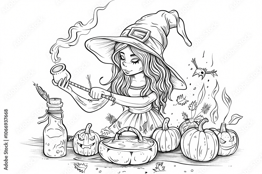 A young girl with long hair and a witch's hat engaged in a magical potion-making scene surrounded by pumpkins and autumn leaves. A young girl with long hair and a witch's hat engaged in a magical potion-making scene surrounded by pumpkins and autumn leaves.