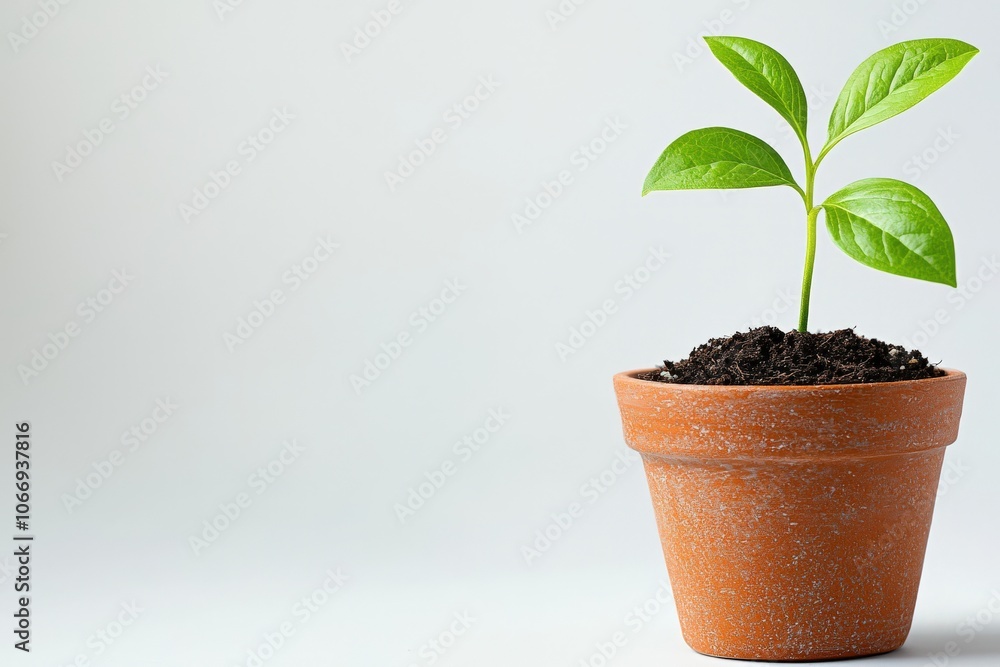 Small green plant growing in a terracotta pot on a white isolated background. Small green plant growing in a terracotta pot on a white isolated background.