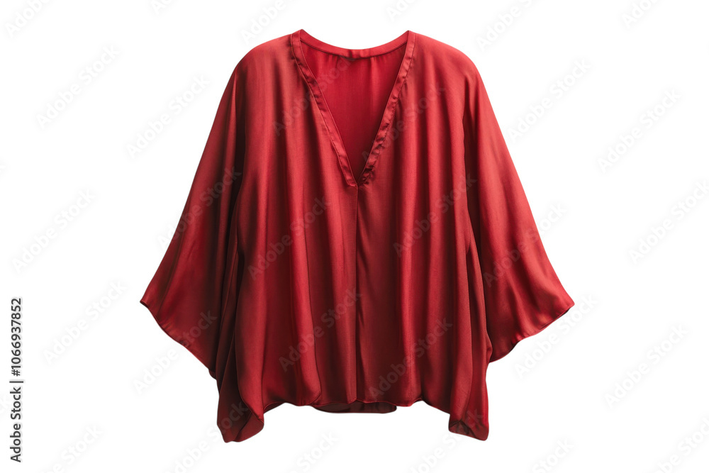Elegant red silk blouse with a v-neck design and wide sleeves for casual or formal wear