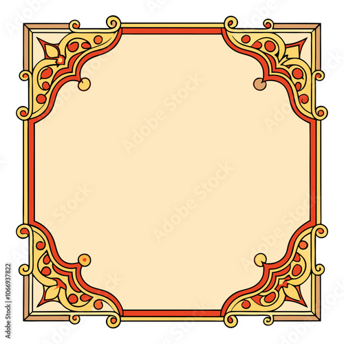 Ornate Frame: A vintage, elegant, and decorative frame with intricate details in red and gold, perfect for adding a touch of classic charm to your designs.