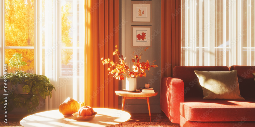 Obraz premium Warm Holiday Interior: Thanksgiving-themed living room adorned with pumpkins, foliage, and candles