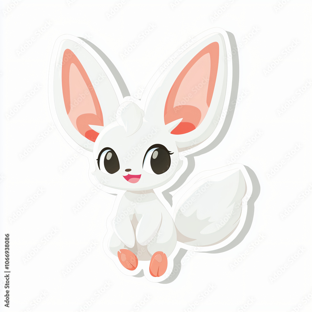 Fototapeta premium flat cutout vector sticker of kawaii fennec fox with large ears and fluffy tail, isolated on white background