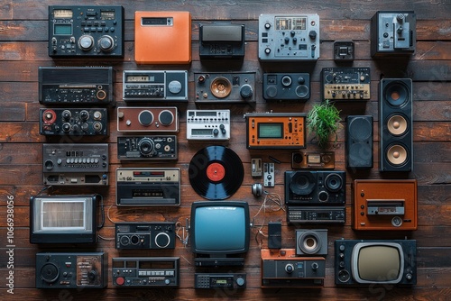 Vintage Audio and Video Equipment Displayed on Wooden Paneling photo