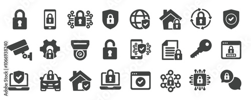 Security glyph solid icons collection. Containing protection, safety, cyber security, guard. Minimal icon and symbol series vector illustration