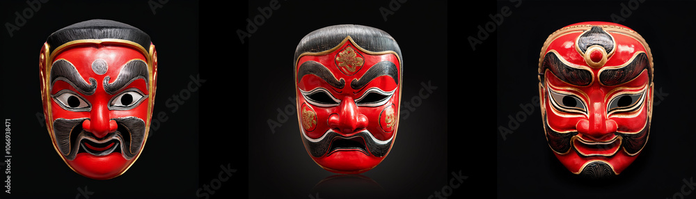 Three masks, isolated against a black background, feature a red base with black and gold detailing. Three masks, isolated against a black background, feature a red base with black and gold detailing.