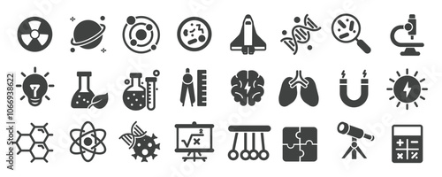 Science glyph solid icons collection. Containing research, astronomy, chemical, experiment. Minimal icon and symbol series vector illustration