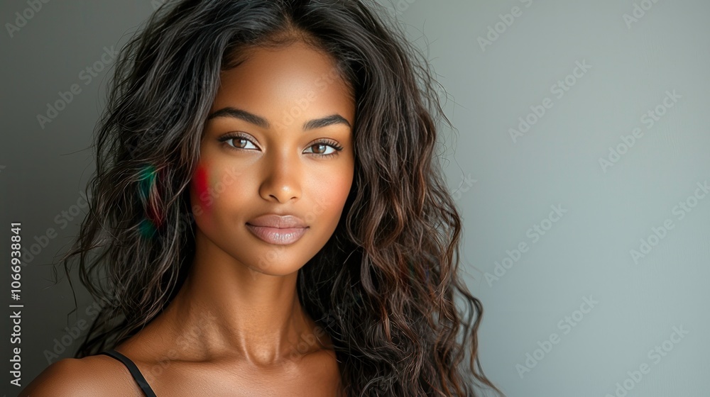 Professional studio portrait of confident young woman with long, wavy hair, showcasing natural beauty and serene expression. portrait young woman studio confident beauty wavy hair Professional studio portrait of confident young woman with long, wavy hair, showcasing natural beauty and serene expression. portrait young woman studio confident beauty wavy hair