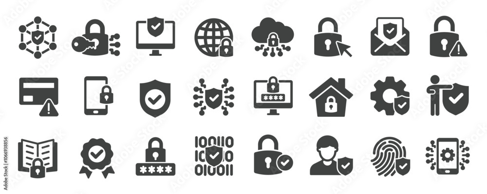 Security glyph solid icons collection. Containing protection, safety, cyber security, guard. Minimal icon and symbol series vector illustration Security glyph solid icons collection. Containing protection, safety, cyber security, guard. Minimal icon and symbol series vector illustration