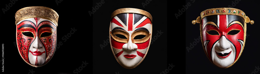 Three colorful masks are isolated against a black background. The masks are white, red, gold, and black. Three colorful masks are isolated against a black background. The masks are white, red, gold, and black.
