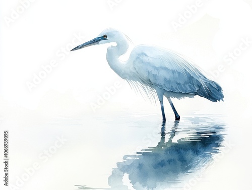 Elegant watercolor painting of a heron standing in calm water, with soft reflections creating a tranquil and serene atmosphere.