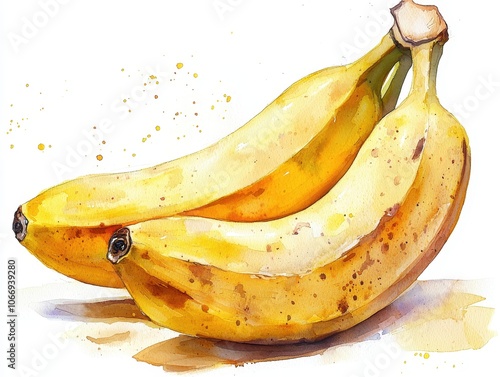 Realistic watercolor painting of two ripe bananas with natural yellow tones and brown speckles, isolated on a white background.