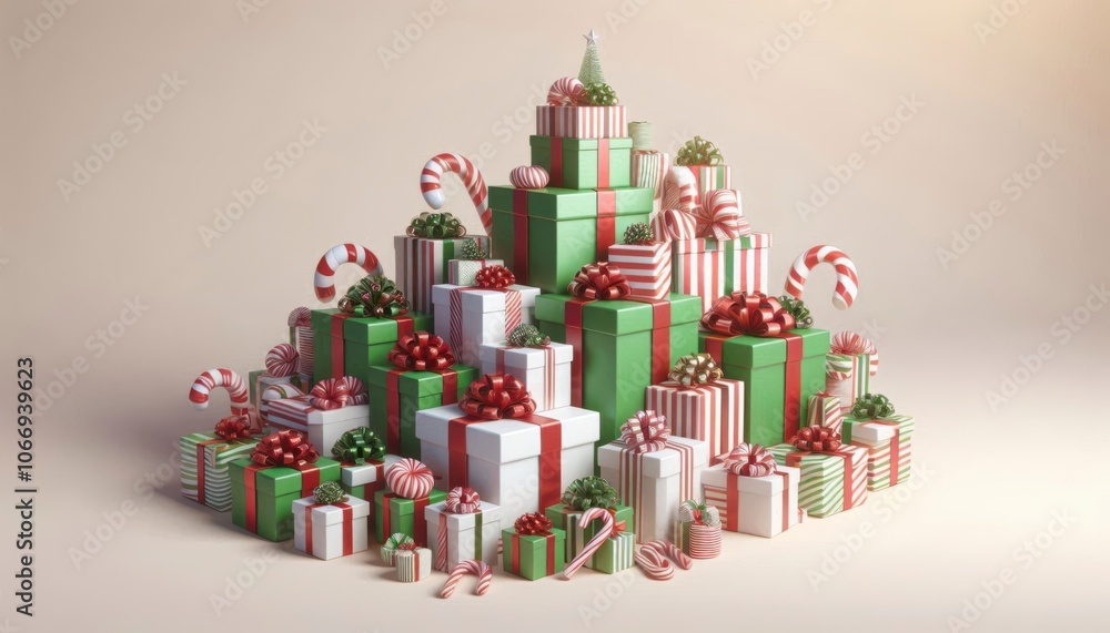 A large pile of Christmas presents blank and striped decorations, bright colors of green and red. 3D illustration style. In the plain background. A large pile of Christmas presents blank and striped decorations, bright colors of green and red. 3D illustration style. In the plain background.