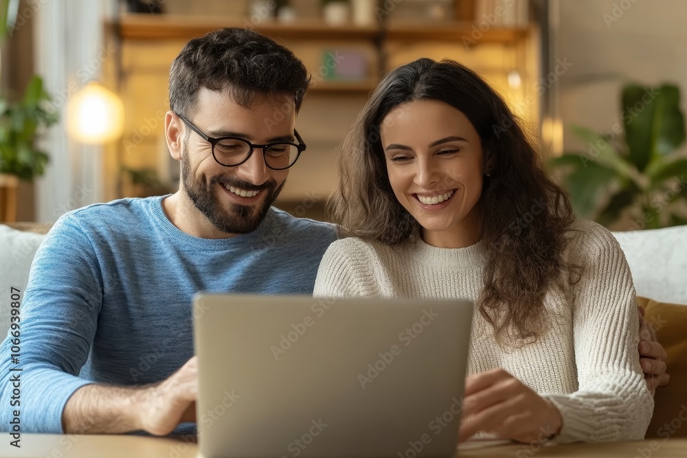 relaxed mature couple using laptop computer shopping online in the living room, Generative AI relaxed mature couple using laptop computer shopping online in the living room, Generative AI