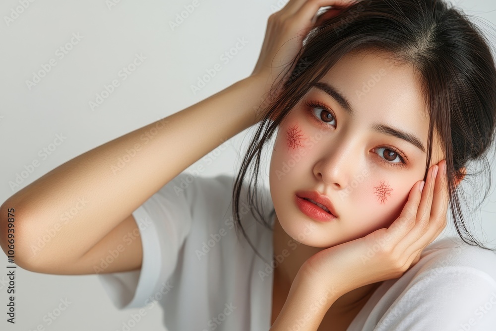 Dermatology, asian young woman reaction from atopic, insect bites on her arm, hand in scratching itchy red spot or rash of skin. Healthcare, treatment, Generative AI Dermatology, asian young woman reaction from atopic, insect bites on her arm, hand in scratching itchy red spot or rash of skin. Healthcare, treatment, Generative AI