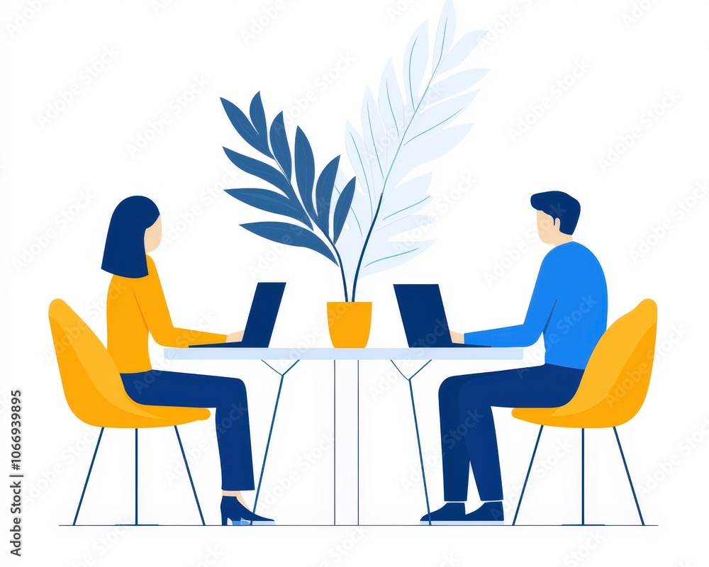 Fototapeta premium Two professionals working collaboratively at a table with laptops and a plant, white isolated background.