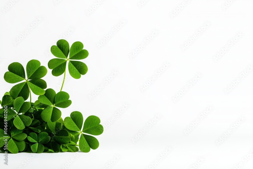 Vibrant green clover leaves against a white isolated background, symbolizing luck and nature's beauty. Vibrant green clover leaves against a white isolated background, symbolizing luck and nature's beauty.