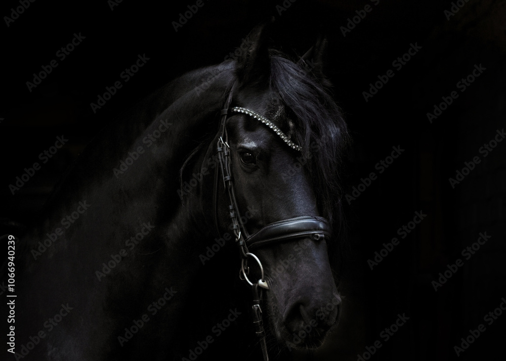 Black friesian dressage horse on dark stable background