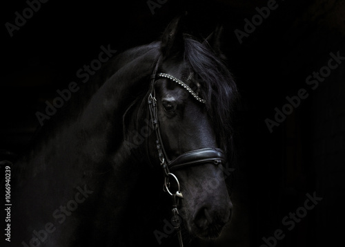 Obraz na płótnie Black friesian dressage horse on dark stable background w salonie
