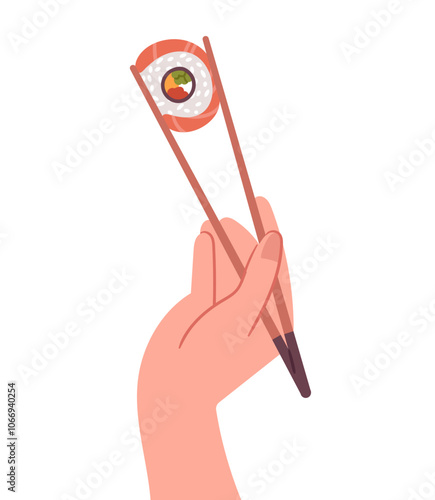 Hand holding chopsticks with a roll.