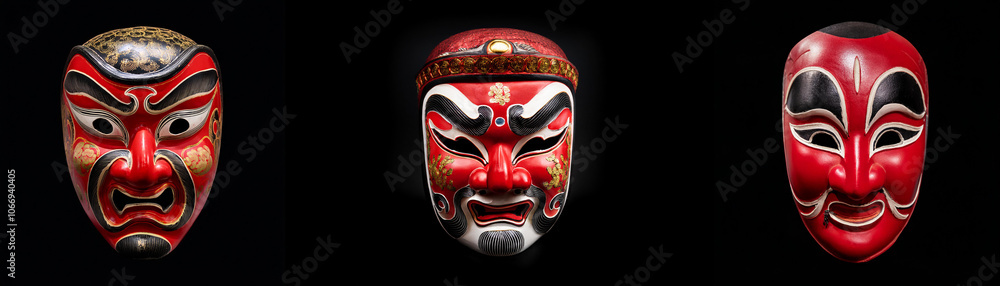 Three traditional red and black masks isolated on a black background. Three traditional red and black masks isolated on a black background.